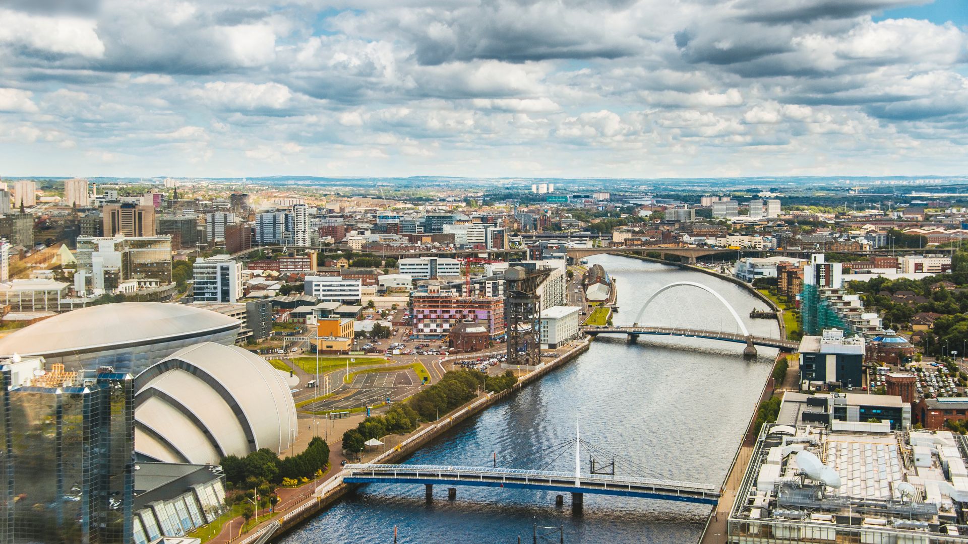 Birdseye view of Glasgow City centre, including the River Clyde, Armadillo and OVO Hydro buildings