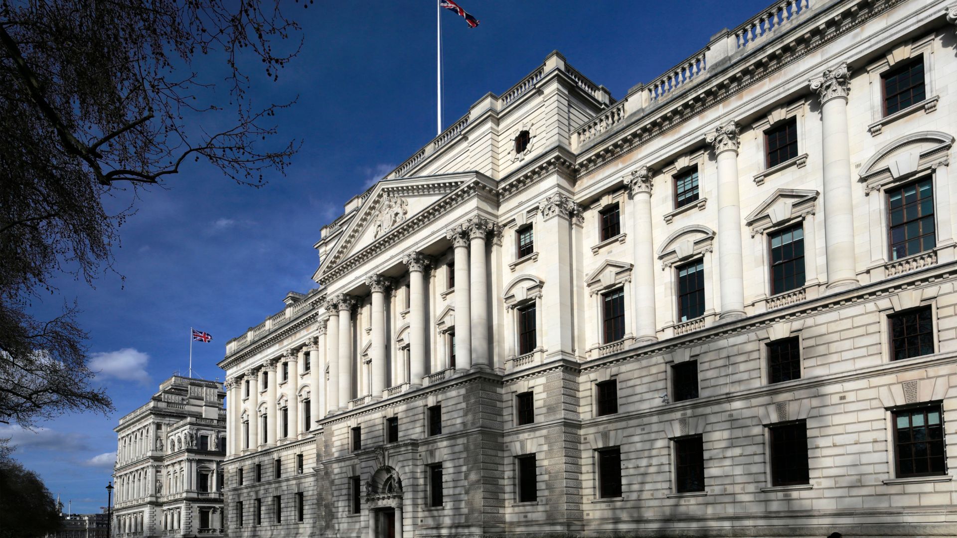 External view of governmental building on Whitehall in the City of Westminster