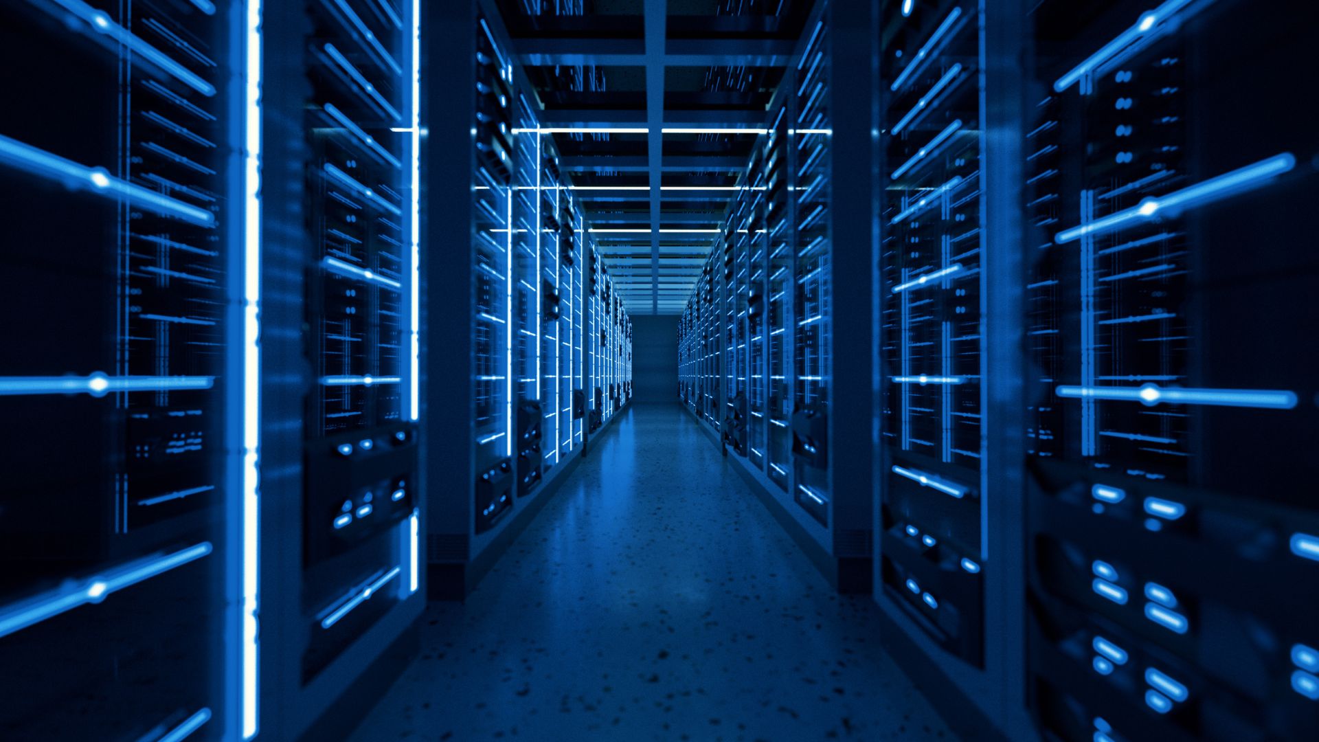 Room of servers stacked on top of each other surrounded by blue lighting